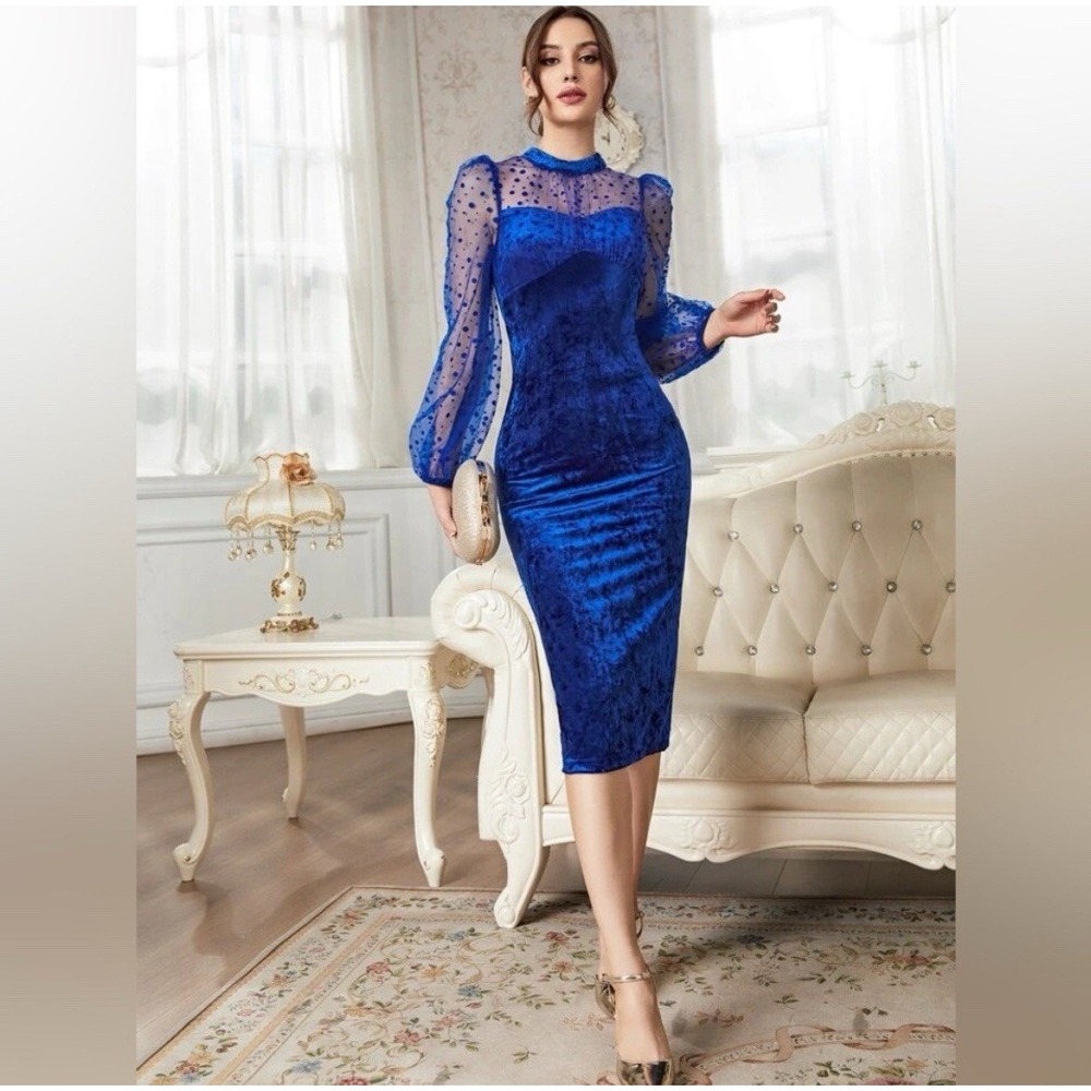SHEIN Royal Blue Crushed Velvet Mesh Sleeve Polka Dot Bodycon Midi Dress M/L
